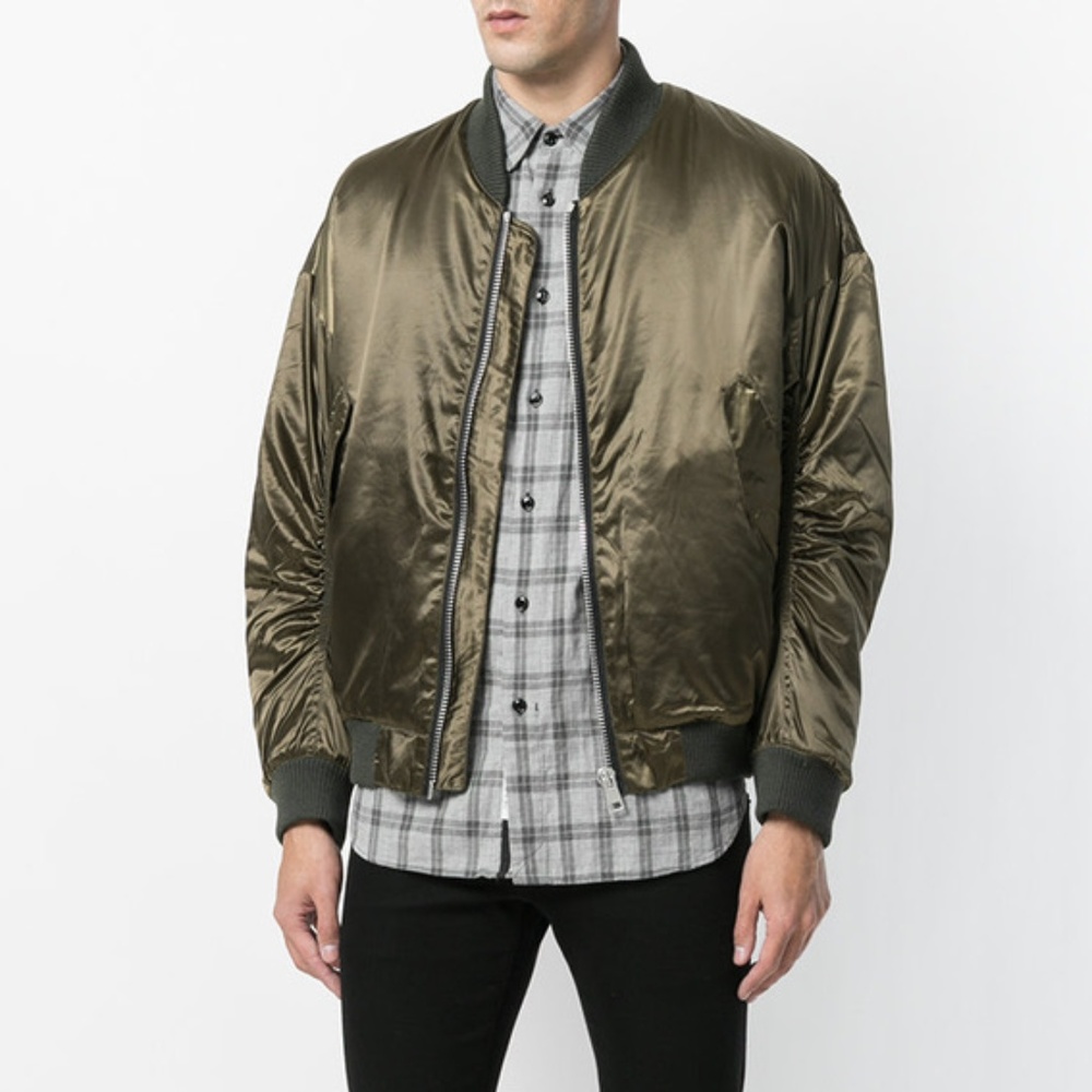 Represent Puffy Satin Olive Bomber Jacket